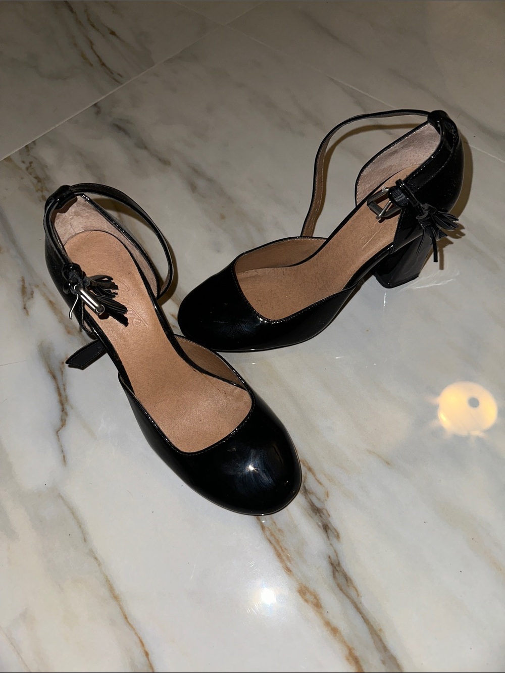 bettye muller Black Patent Ankle-Strap Block Heels with Tassel